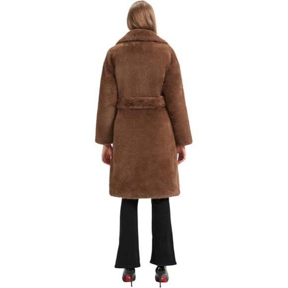 Faux Fur Thick Fuzzy Long Teddy Bear Coat Medium Coffee Brown Faux Suede Lined - Picture 4 of 4